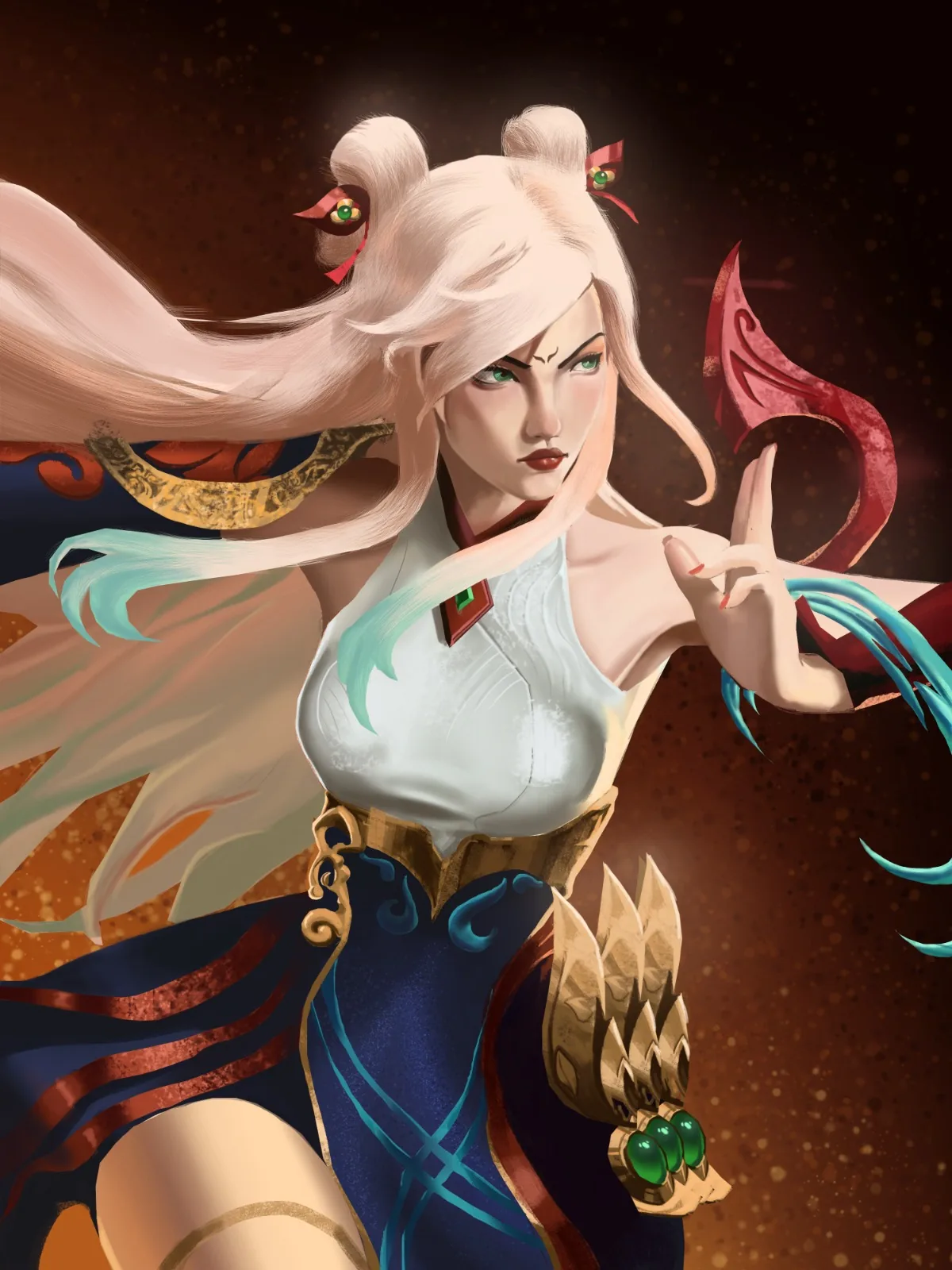 Pintura digital de guerreira de cabelo branco, vestido azul e dourado, com lâminas vermelhas flutuando ao redor