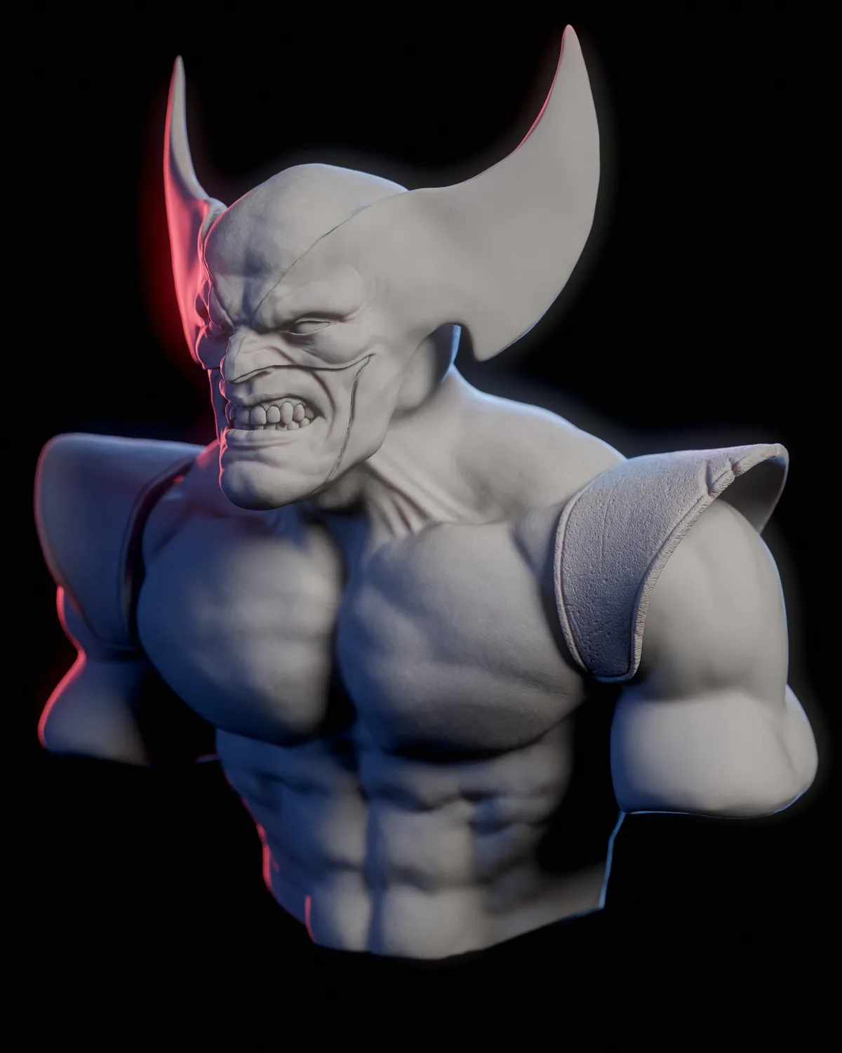 Busto do Wolverine esculpido em 3D, sem textura, com luz vermelha e azul sobre fundo preto